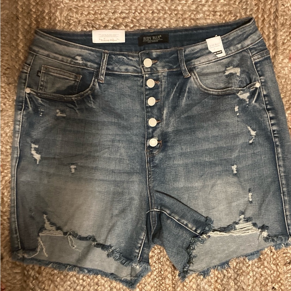 Judy Blue Button-Fly Distressed Jean Shorts - Blue